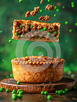 Levitating Slice of Savory Meat Pie with Green Peas on Dark Rustic Background, Elevated Comfort Food Concept