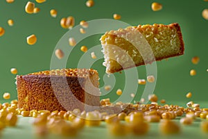 Levitating Slice of Toasted Bread with Golden Corn Kernels Falling on Green Background Culinary Concept