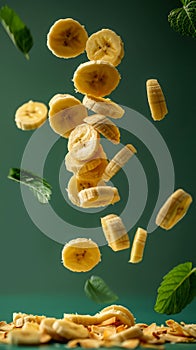 Levitating Sliced Bananas and Fresh Mint Leaves on a Teal Background Creative Healthy Food Concept