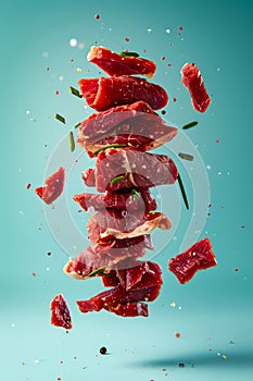 Levitating Slices of Fresh Raw Beef in Dynamic Motion Against a Gradient Blue Background High Quality Food Concept Imagery