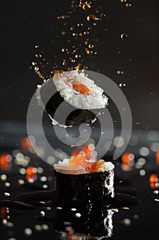 Levitating sushi and rolls and plates