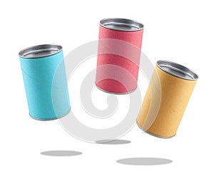 levitating three biscuits cans isolated on white background