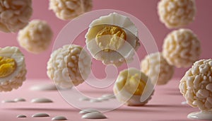 Levitating White Chocolates with Almond Filling on Pink Background Elegant Sweet Treats in Mid air