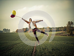 Levitation. Boy levitation on the field.