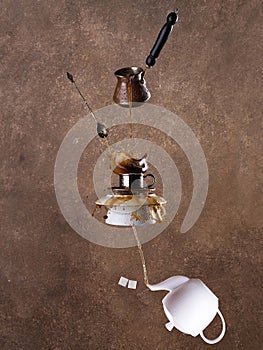 Levitation coffee and tea splashes on brown background