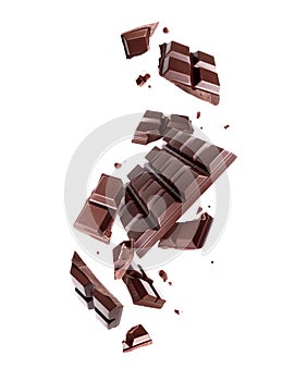 Levitation of crushed dark chocolate bar in the air isolated on a white background