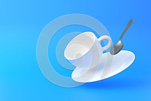 Levitation of Cup of Coffee with a spoon. White mug flying on the air on bright blue background