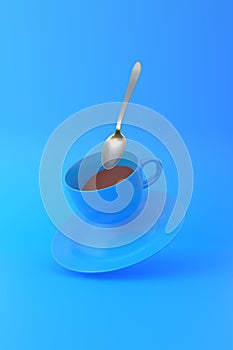 Levitation of Cup of Coffee with a spoon. White mug flying on the air on bright blue background