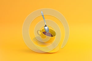 Levitation of Cup of Coffee with a spoon. White mug flying on the air on bright yellow background