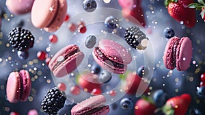 Levitation. Falling and flying lavender macarons