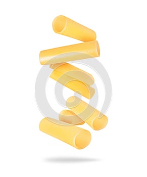 Levitation of italian cannelloni pasta tubes close up isolated on a white background