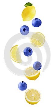 Levitation lemon and blueberry fruits isolated on white background