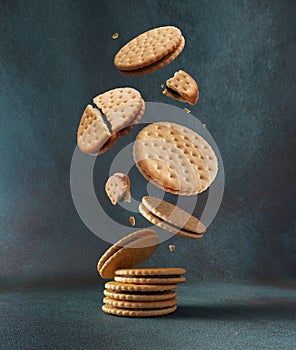 Levitation of whole and crushed crispy cookies with chocolate filling on a dark background