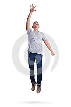 Levitation. Young Man Walking Jumping on Air