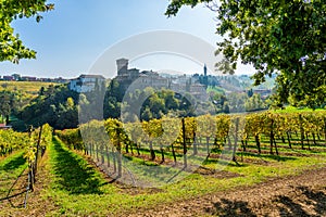 Levizzano Rangone and its vineyars in fall season. Province of Modena, Emilia Romagna, Italy.