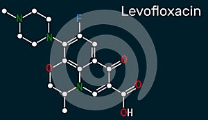 Levofloxacin, fluoroquinolone antibiotic molecule. It is used to treat bacterial sinusitis, pneumonia. Skeletal chemical formula o