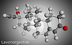 Levonorgestrel progestin molecule. It is synthetic progestogen, contraceptive. Molecular model. 3D rendering photo