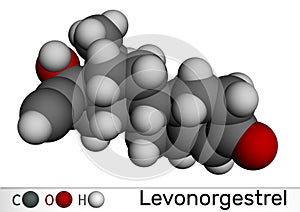 Levonorgestrel progestin molecule. It is synthetic progestogen, contraceptive. Molecular model. 3D rendering photo