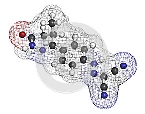 Levosimendan heart failure drug molecule. 3D rendering. Atoms are represented as spheres with conventional color coding: hydrogen
