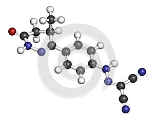 Levosimendan heart failure drug molecule. 3D rendering. Atoms are represented as spheres with conventional color coding: hydrogen