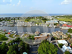 Lewes, Delaware, U.S.A - June 2, 2019 - The aerial view of the beach town, fishing port and waterfront residential homes along the