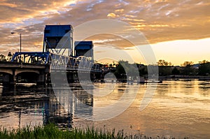 Lewiston - Clarkston blue bridge against vibrant evening sky on the border of Idaho and Washington states