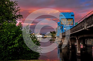 Lewiston - Clarkston blue bridge against vibrant twilight sky on the border of Idaho and Washington states