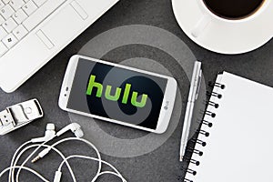 LG K10 with Hulu application laying on desk.