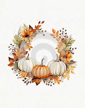 Watercolor drawing of an autumn wreath, a wreath of pumpkin foliage and autumn flowers