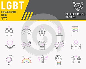 LGBT color line icon set, lgbtq symbols collection, vector sketches, logo illustrations, gay pride icons, gender signs