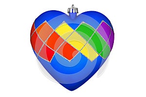 LGBT community rainbow flag colors on blue heart shape glass ball white background isolated closeup, LGBTQ pride symbol ÃÂ¡hristmas