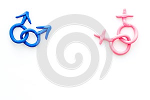 LGBT concept. Male and female symbols on white background top-down copy space