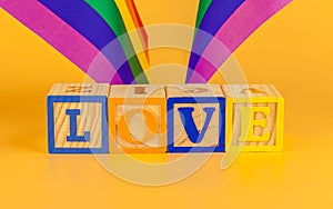 LGBT concept, text love, LGBT flag. creative photo.