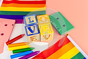 LGBT concept, text love, LGBT flag. creative photo.