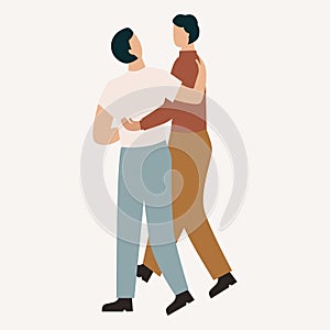 LGBT couple or friends are hugging and watching at each other while walking. Two people hugging. Homosexual relationship.
