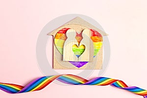 LGBT couple wooden figures with home symbol and rainbow heart on pink background