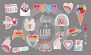 LGBT elements for Valentines day. Love symbols, rainbow, hearts and quotes for gays, lesbian and trans community