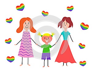 Lgbt family. Children`s drawing. Two happy lesbian women with girl.