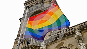 LGBT flag over Northampton Guildhall building on Pride Festival Weekend in UK photo