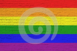 LGBT flag painted on brick wall. Photo collage