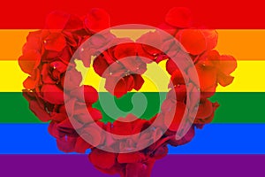 Lgbt flag with petal heart,same sex love, solidarity with homosexuals, and support for transgender rights concept