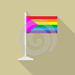 LGBT flag with pink triangle with flagpole flat icon with long shadow. Vector illustration EPS10 of a rainbow pride flag.