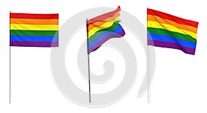 LGBT Flag waving in the wind on flagpole. Rainbow flag isolated