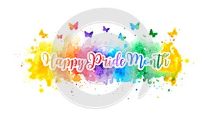 LGBT happy pride month banner with colorful rainbow watercolor splash and butterflies.  illustration