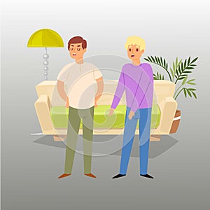 LGBT homosexual gay male couple, family quarelling, young men looking at each other cartoon vector illustration.