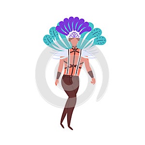Lgbt man in costume with bright feather and leather bdsm suspender vector flat illustration. Homosexual guy walking in