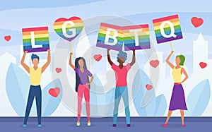 LGBT pride activism concept vector illustration, cartoon flat activists people holding symbol of LGBT community, rainbow photo