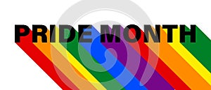 LGBT pride banner, text Pride Month with rainbow shadow of LGBT flag colors. Template, web resource