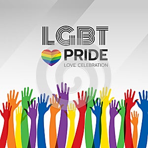 LGBT pride celebration banner with abstract group of colorful hand and rainbow heart sign vector design