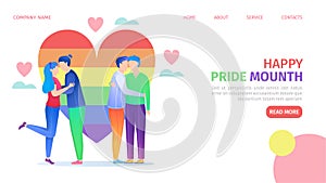 LGBT pride community, rainbow coloured heart and homosexual couples landing page vector illustration. Sexuality and